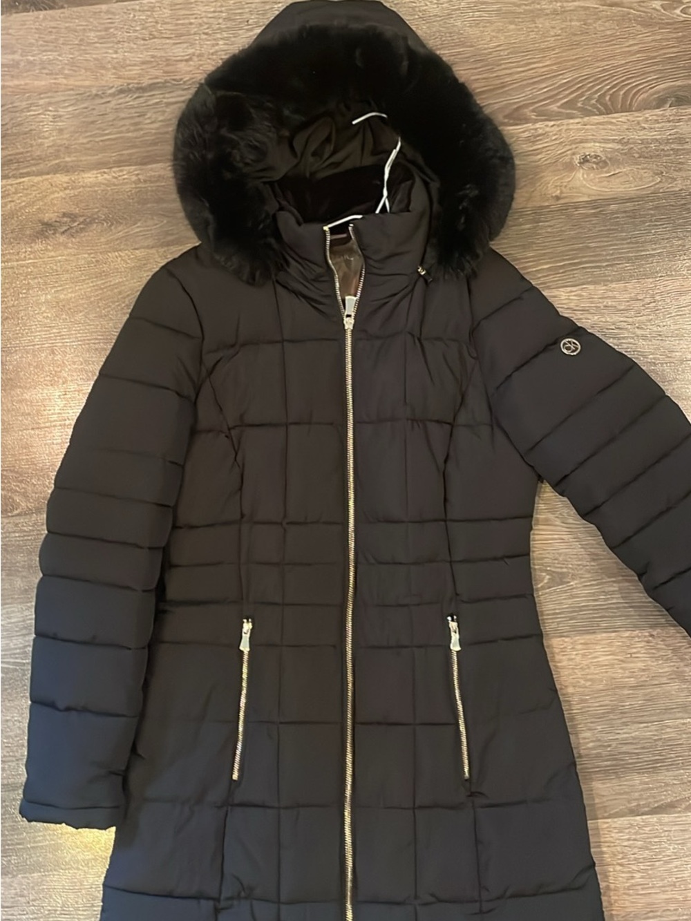 Black Calvin Klein Hooded Puffer Coat with Fur Trim